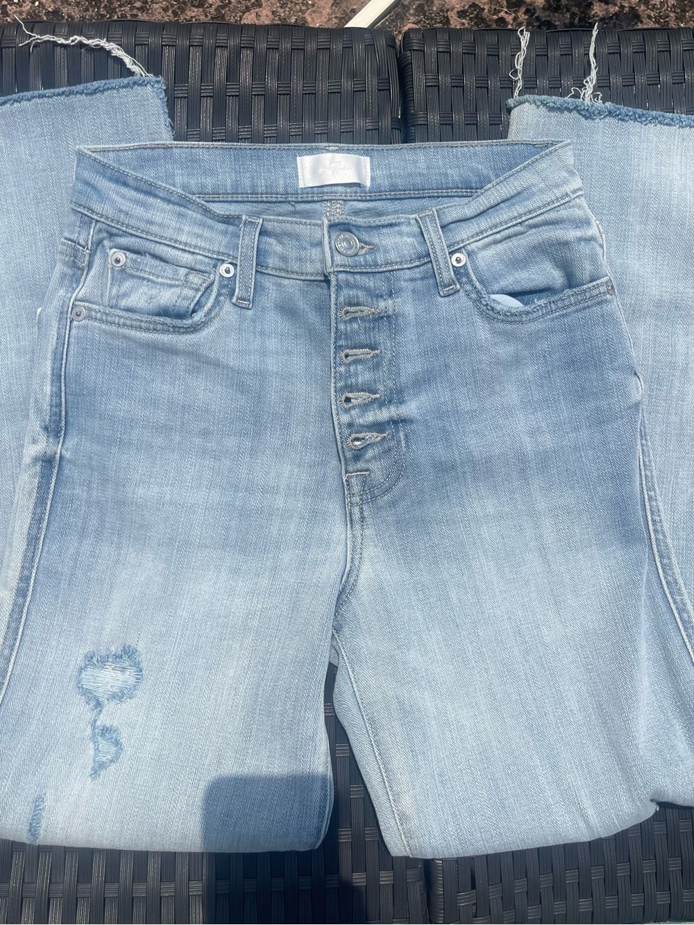 7 For All Mankind Light Blue Straight Leg Button-Fly Jeans with Subtle Distress